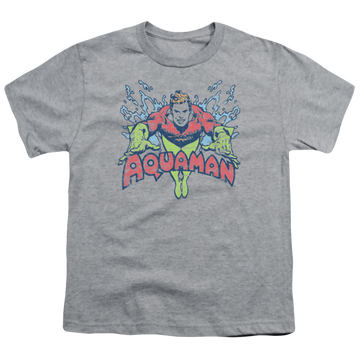Athletic heather youth t-shirt for ages 8 to 12 with Aquaman Splish Splash graphic