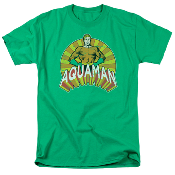 Kelly green men's regular fit t-shirt with Aquaman Arms Akimbo graphic