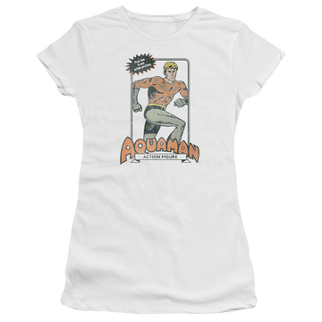 White juniors t-shirt with Aquaman Am Action Figure graphic