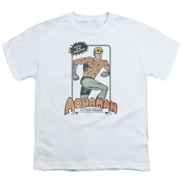 White youth t-shirt for ages 8 to 12 with Aquaman Am Action Figure graphic
