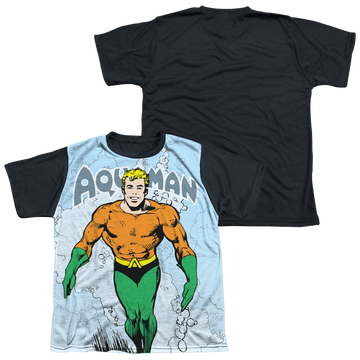 Aquaman Clasic Aqua youth black back t-shirt for ages 8 to 12