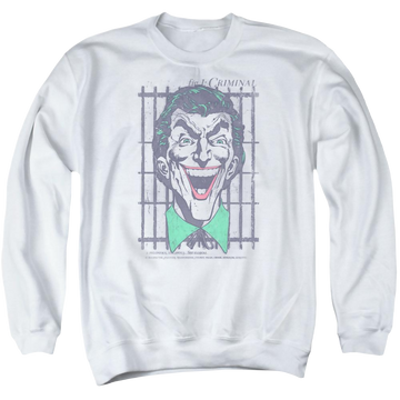 White men's crewneck sweatshirt with Joker DC Comics Criminal graphic