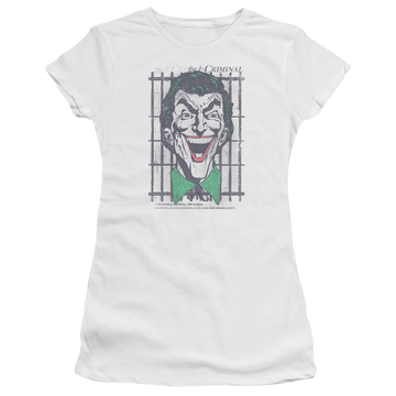 White juniors t-shirt with Joker DC Comics Criminal graphic