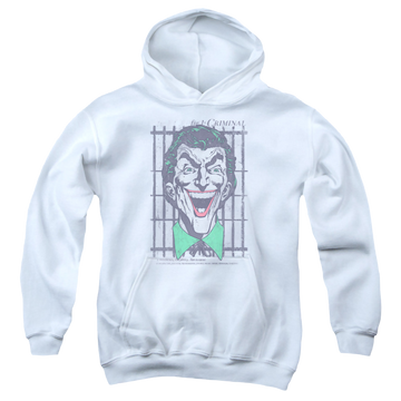 White youth hoodie for ages 8 to 12 with Joker Criminal graphic