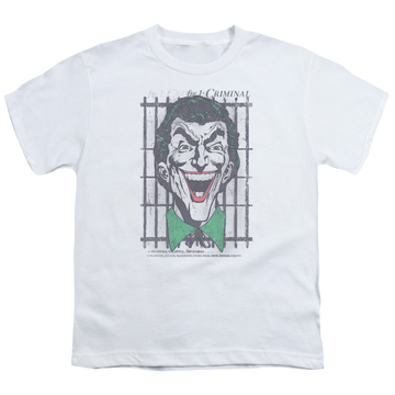 White youth t-shirt for ages 8 to 12 with Joker Criminal graphic