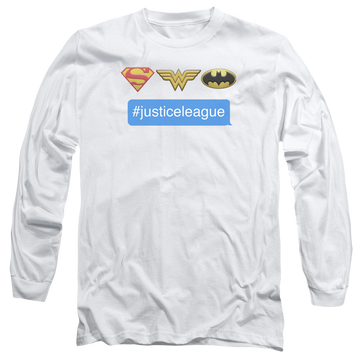 White men's long sleeve t-shirt with Justice League DC Comics Hashtag Jla graphic