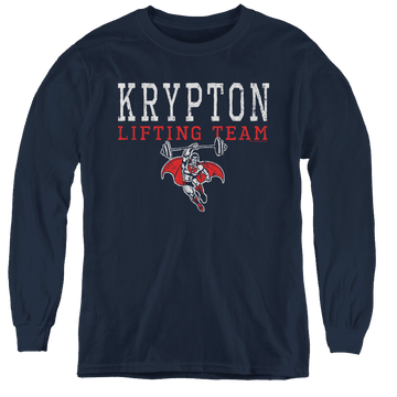 Navy youth long sleeve t-shirt with Superman Krpton Lifting graphic