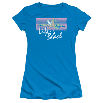 Turquoise juniors t-shirt with Aquaman Life Is A Beach graphic