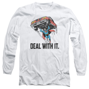 White men's long sleeve t-shirt with Superman DC Comics Deal With It graphic