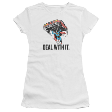 White juniors t-shirt with Superman DC Comics Deal With It graphic