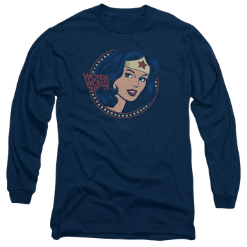 Navy men's long sleeve t-shirt with Wonder Woman DC Comics Ww75 Starburst Portrait graphic