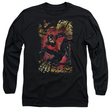 Black men's long sleeve t-shirt with Justice League Nightwing #1 graphic