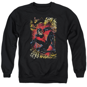 Black men's crewneck sweatshirt with Justice League Nightwing #1 graphic