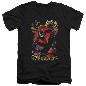 Black men's v-neck t-shirt with Justice League Nightwing #1 graphic