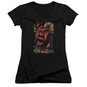 Black juniors v-neck t-shirt with Justice League Nightwing #1 graphic