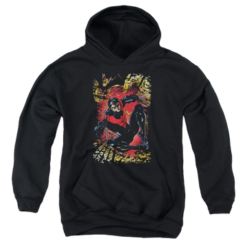 Black youth hoodie for ages 8 to 12 with Nightwing #1 graphic