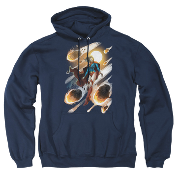 Navy pullover hoodie with Superman Justice League Supergirl #1 graphic