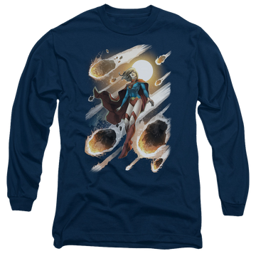 Navy men's long sleeve t-shirt with Superman Justice League Supergirl #1 graphic
