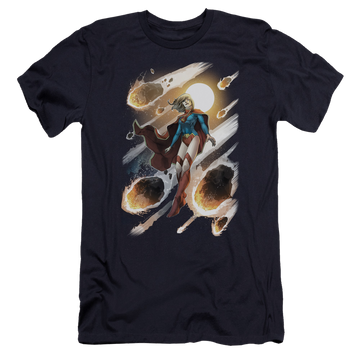 Navy men's premium slim fit t-shirt with Superman Justice League Supergirl #1 graphic