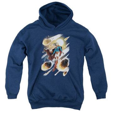 Navy youth hoodie for ages 8 to 12 with Superman Supergirl #1 graphic