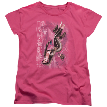 Hot pink women's t-shirt with Catwoman #1 graphic