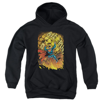 Black youth hoodie for ages 8 to 12 with Superman #1 graphic