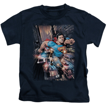 Navy kid's t-shirt for ages 4 to 7 with Superman Action Comics #1 graphic