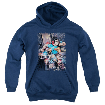 Navy youth hoodie for ages 8 to 12 with Superman Action Comics #1 graphic