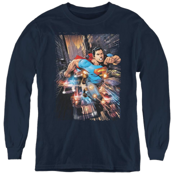 Navy youth long sleeve t-shirt with Superman Action Comics #1 graphic