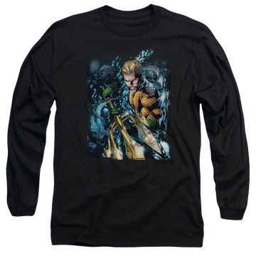 Black men's long sleeve t-shirt with Aquaman #1 graphic