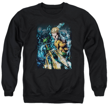 Black men's crewneck sweatshirt with Aquaman #1 graphic