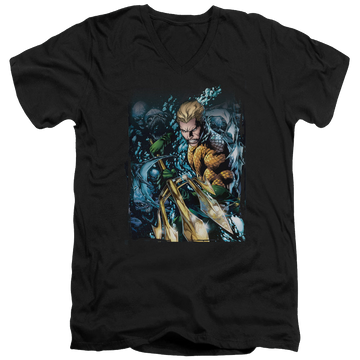 Black men's v-neck t-shirt with Aquaman #1 graphic