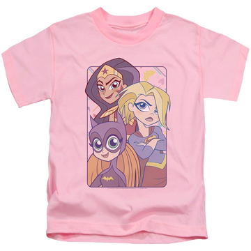 Pink kid's t-shirt for ages 4 to 7 with DC Comics Dc Super Hero Girls Dont Box Us In graphic
