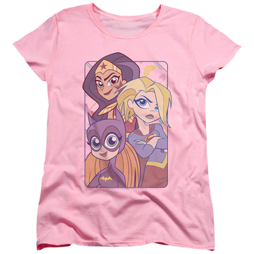 Pink women's t-shirt with DC Comics Dc Super Hero Girls Dont Box Us In graphic