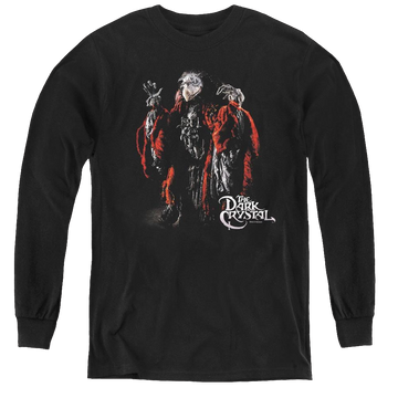 Black youth long sleeve t-shirt with Dark Crystal Skeksis graphic