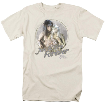 Cream men's regular fit t-shirt with Dark Crystal Jen & Kira graphic