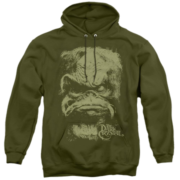 Military green pullover hoodie with Dark Crystal Aughra graphic