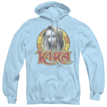 Light blue pullover hoodie with Dark Crystal Kira Circle graphic
