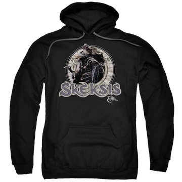 Black pullover hoodie with Dark Crystal Skeksis graphic