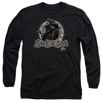 Black men's long sleeve t-shirt with Dark Crystal Skeksis graphic