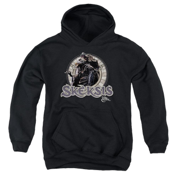 Black youth hoodie for ages 8 to 12 with Dark Crystal Skeksis graphic