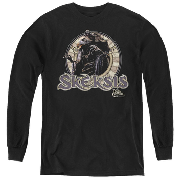 Black youth long sleeve t-shirt with Dark Crystal Skeksis graphic