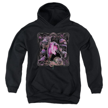 Black youth hoodie for ages 8 to 12 with Dark Crystal Lust For Power graphic
