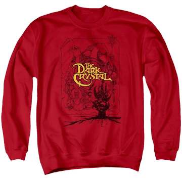 Red men's crewneck sweatshirt with Dark Crystal Poster Lines graphic