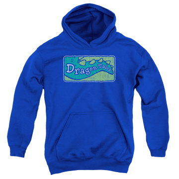 Royal youth hoodie for ages 8 to 12 with Dragon Tales Logo Distressed graphic