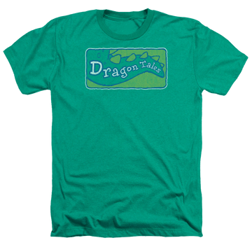Kelly green men's heather t-shirt with Dragon Tales Logo Distressed graphic