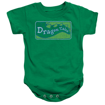 Kelly green baby bodysuit with Dragon Tales Logo Distressed graphic