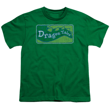 Kelly green youth t-shirt for ages 8 to 12 with Dragon Tales Logo Distressed graphic