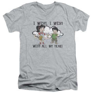 Athletic heather men's v-neck t-shirt with Dragon Tales I Wish With All My Heart graphic