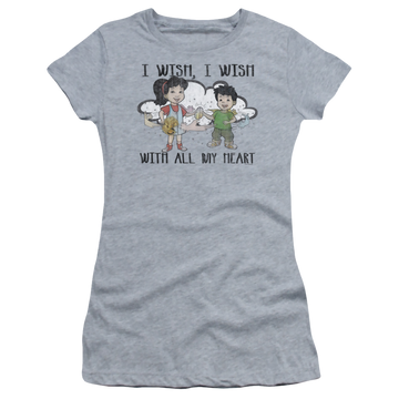 Athletic heather juniors t-shirt with Dragon Tales I Wish With All My Heart graphic